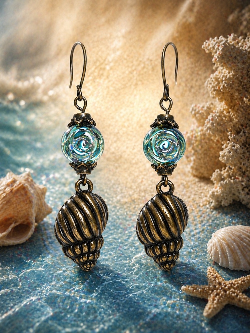 Boho Shell & Glass Earrings, Bronze Dangle, Teal Coastal Jewelry